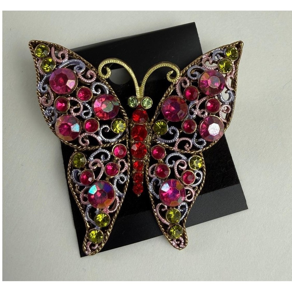 Womens Y2K Vintage Butterfly Rhinestone Filigree Brooch Pin Pink Green Gold Mod